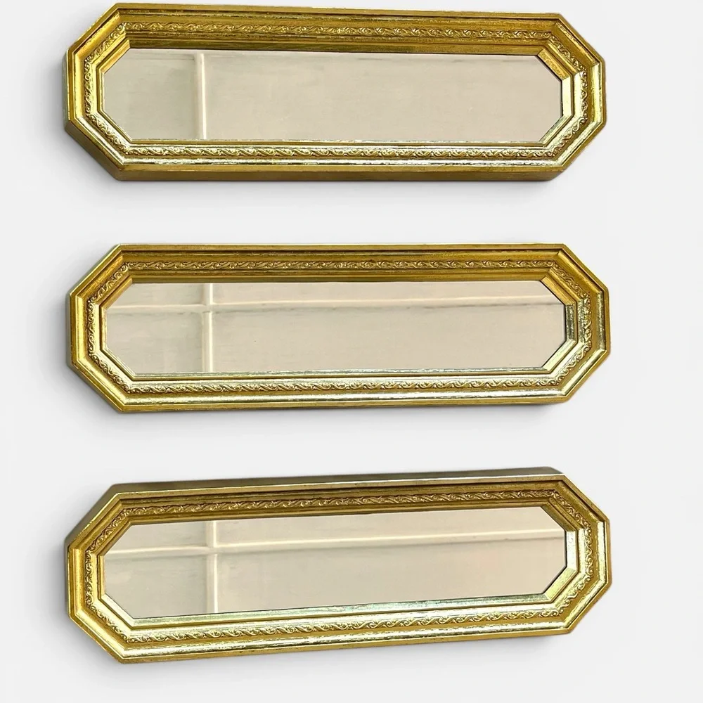 Set of 3 Vintage Ornate Gold Wall Mirrors: Hollywood Regency MCM 17" x 5" x 1" - Picture 3 of 9